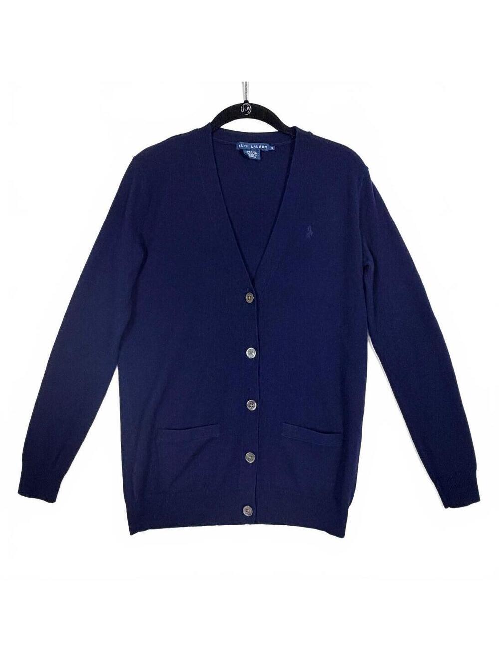 Ralph Lauren Navy Blue V-Neck Cashmere Cardigan Sweater Patch Pockets Size Small